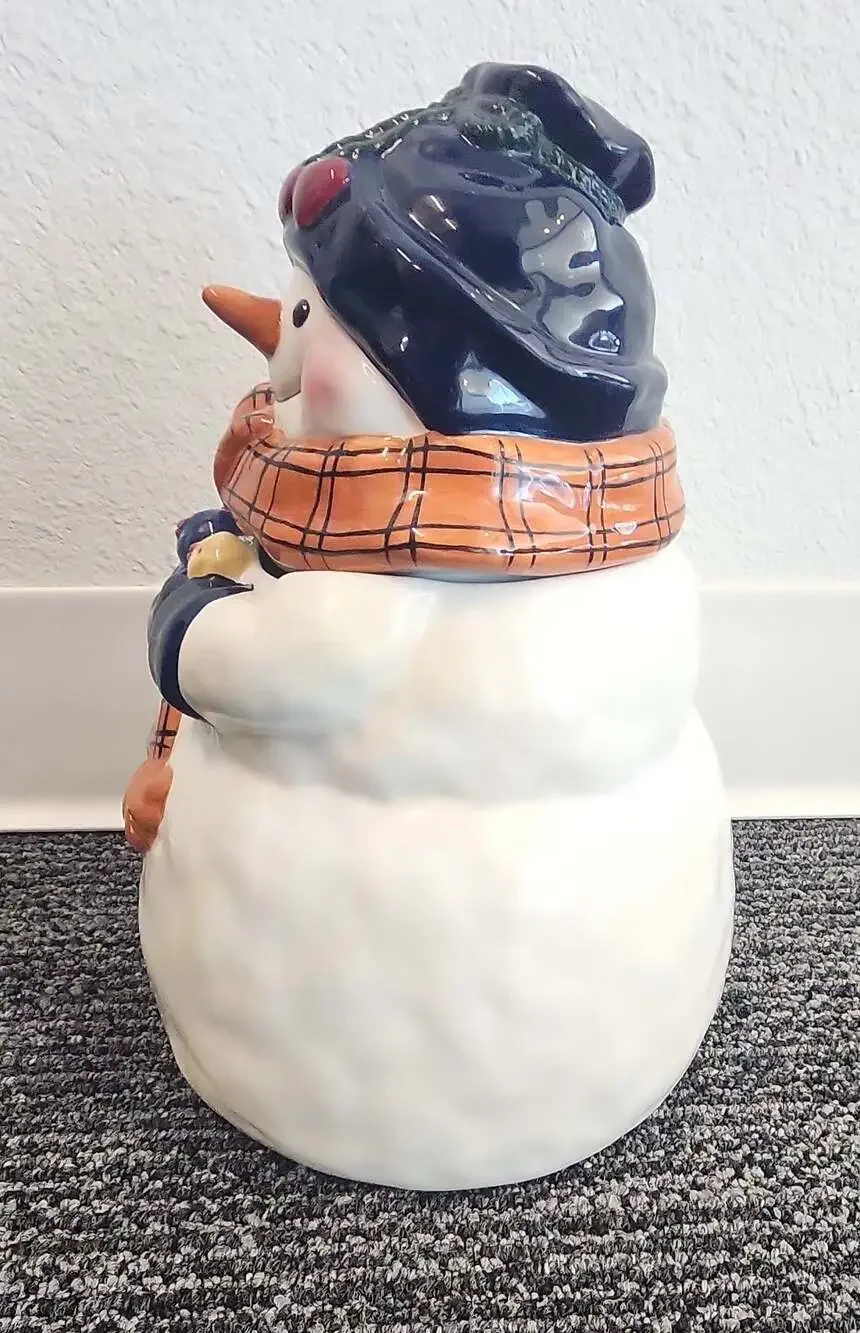 Vintage Snowman Holding Chicks Holiday Cookie Jar